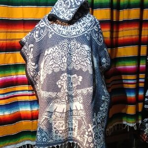 Blue and White Hooded Poncho